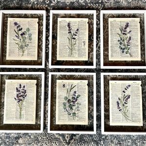 Lavender Flower Vintage Dictionary Collage Home Wall Art Prints, Set of 6